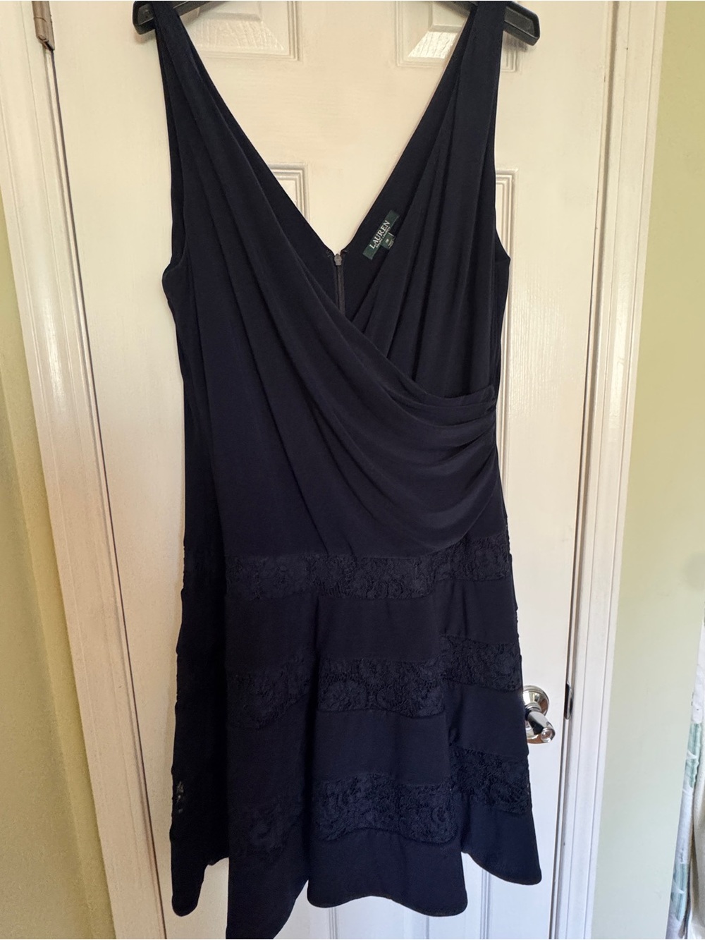 Ralph Lauren Navy Blue Sleeveless Draped V-Neck Midi Dress